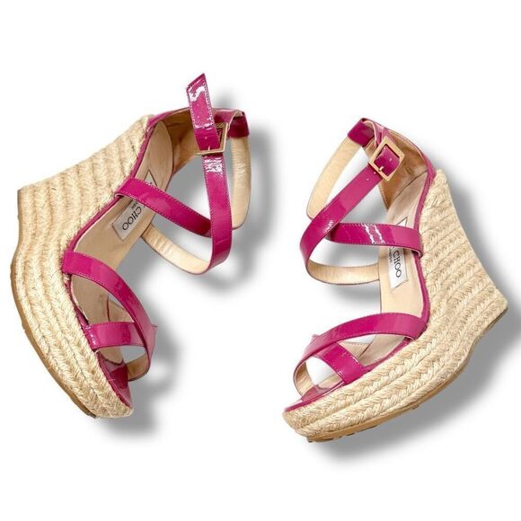Jimmy Choo Dark Pink Patent Leather Porto Espadrille Platform Wedge Sandals 38 - Picture 3 of 12